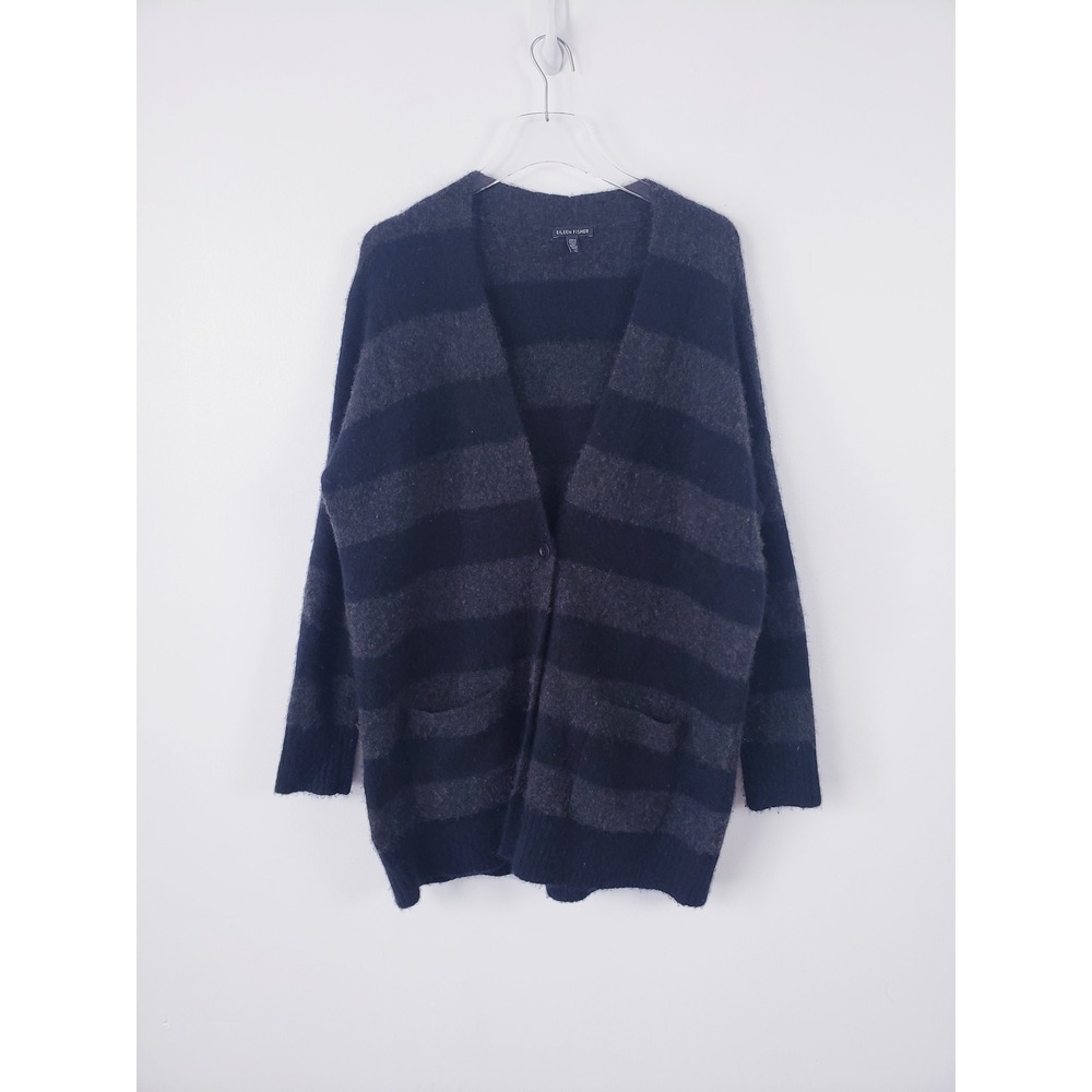 Eileen Fisher Cardigan Sweater Black Gray Striped Cashmere Silk Womens Small